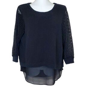 Lucky Brand Sweater Large Black Sheer Layered Split Back Crochet Long Sleeves